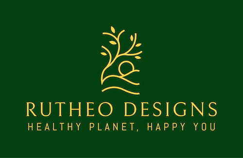 Rutheo Designs logo with golden tree and slogan on dark green background