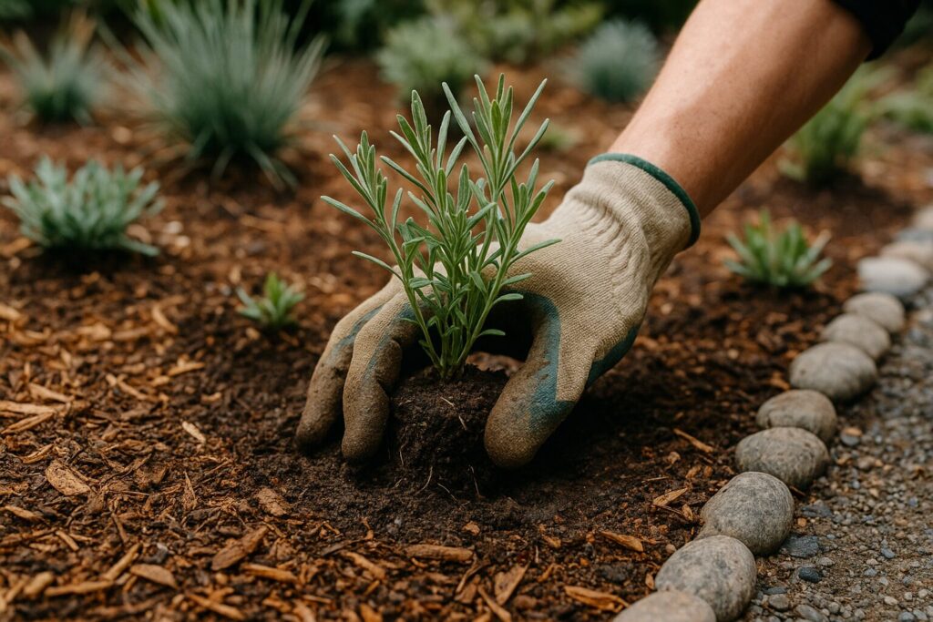 Gardener planting small green shrub in mulched garden bed with stone border