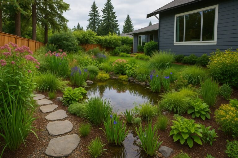 Sustainable backyard garden with pond and stepping stone path in Seattle home