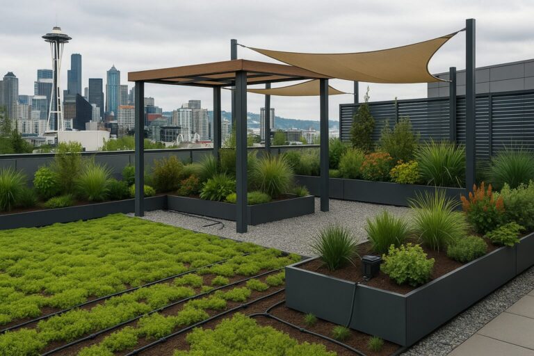 Modern rooftop garden with irrigation system and city skyline in the background