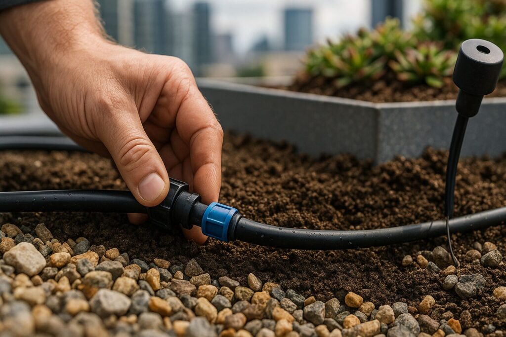 Hand connecting drip irrigation tubing in urban garden bed with rocks and soil