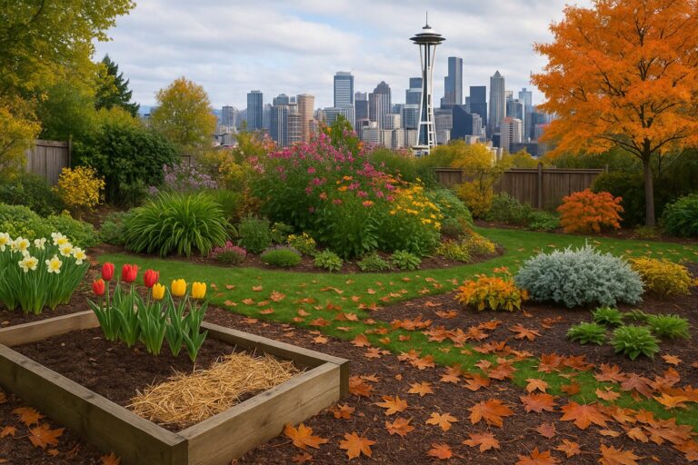 Sustainable landscaped garden with tulips and autumn foliage in Seattle