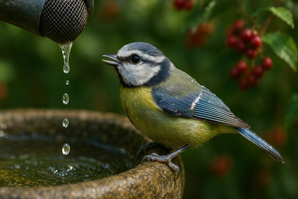 Blue tit bird drinking water from a garden fountain with red berries in the background