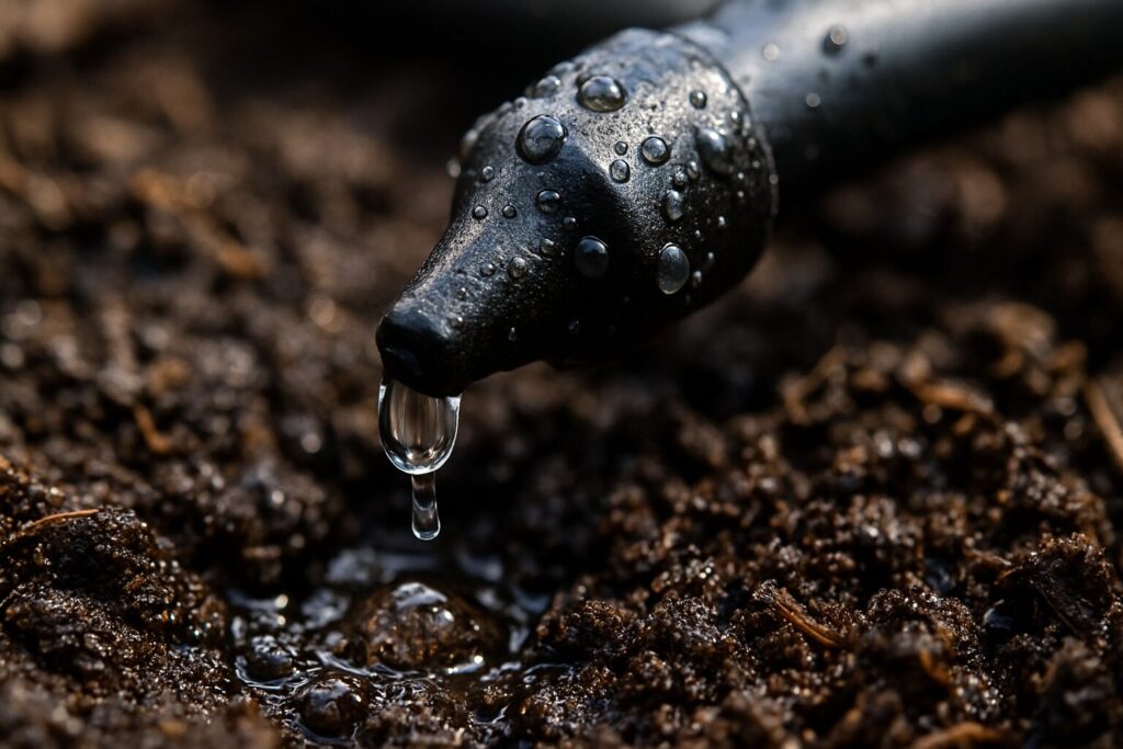 Close-up of drip irrigation system watering soil