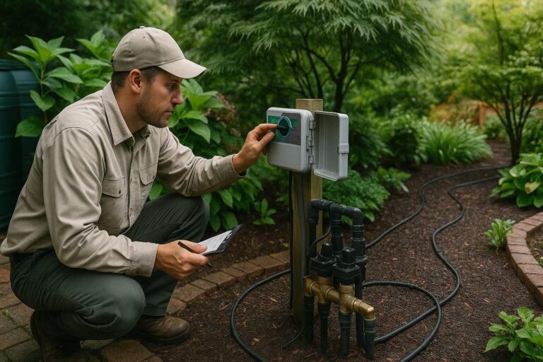Landscape professional adjusting irrigation system timer in sustainable garden