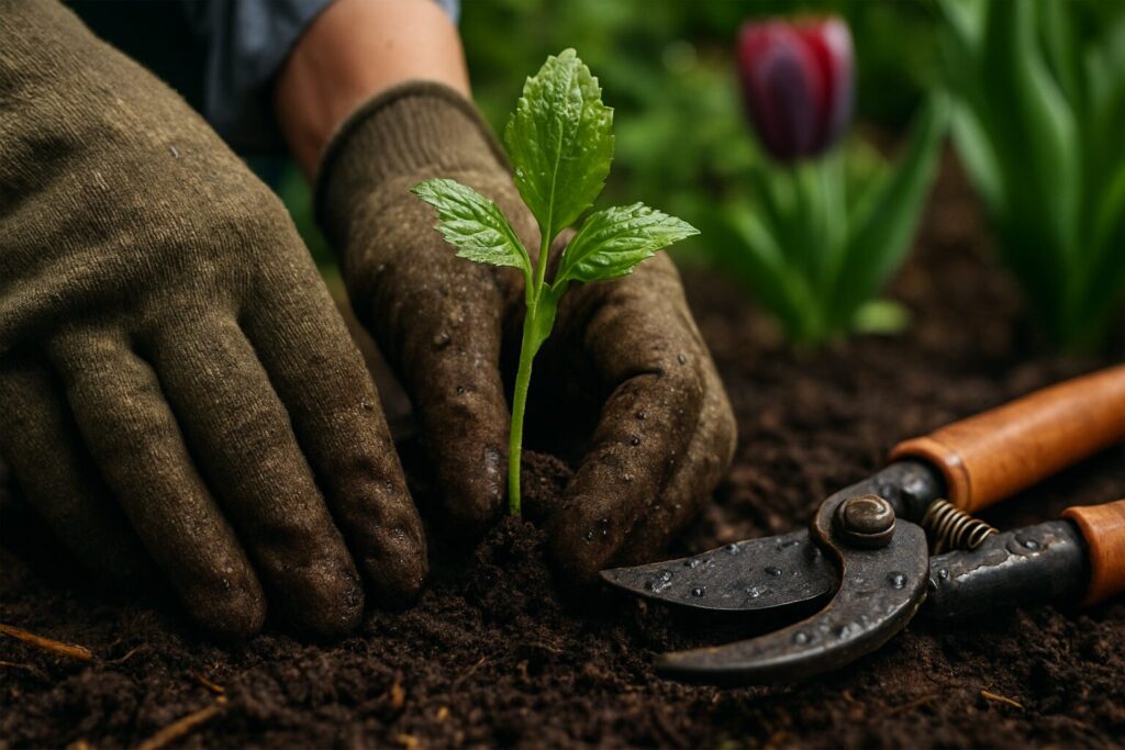 Hands wearing gloves planting a young green seedling in rich soil with garden shears nearby