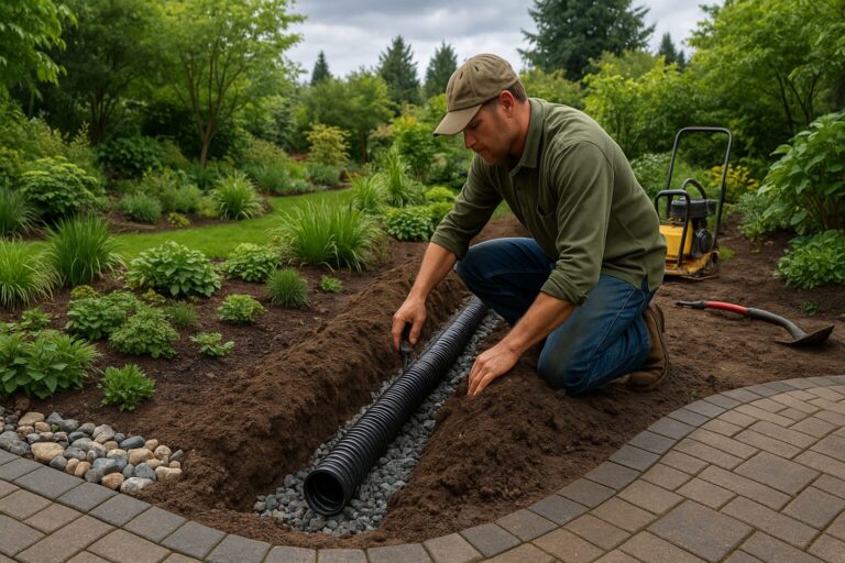 Landscaper installing drainage pipe with gravel in a landscaped garden with green plants