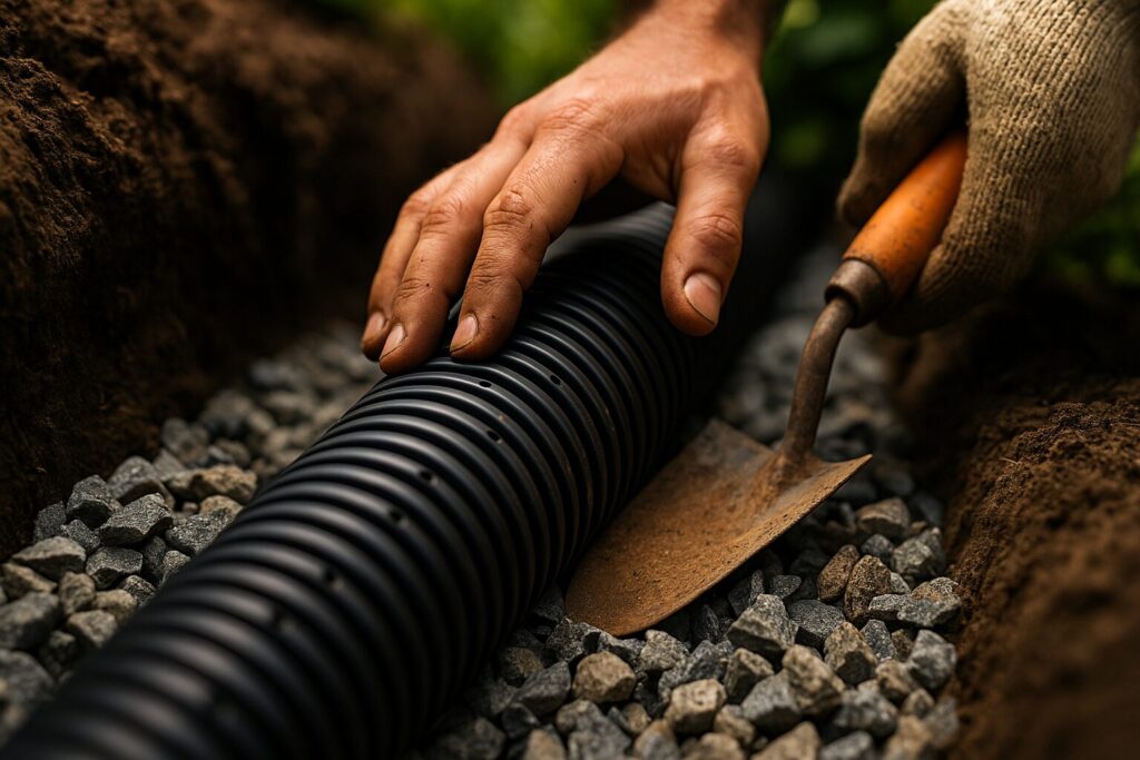 Landscaper installing perforated drainage pipe in gravel-filled trench for sustainable water management
