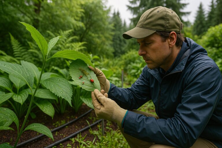 Gardener inspecting plant leaves for bugs in a sustainable garden