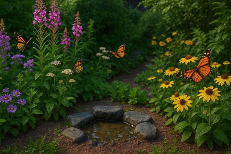 Monarch butterflies fluttering around wildflowers near a small stone-bordered water feature in a garden