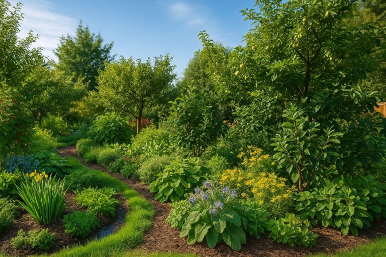 Sustainable edible garden with fruit trees, herbs, and flowers in a landscaped backyard