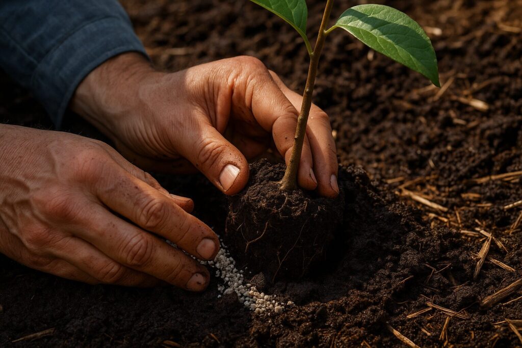 Hands planting a young tree seedling in rich soil with fertilizer granules