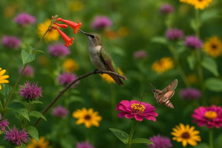 Hummingbird and moth pollinating colorful flowers in a vibrant sustainable garden