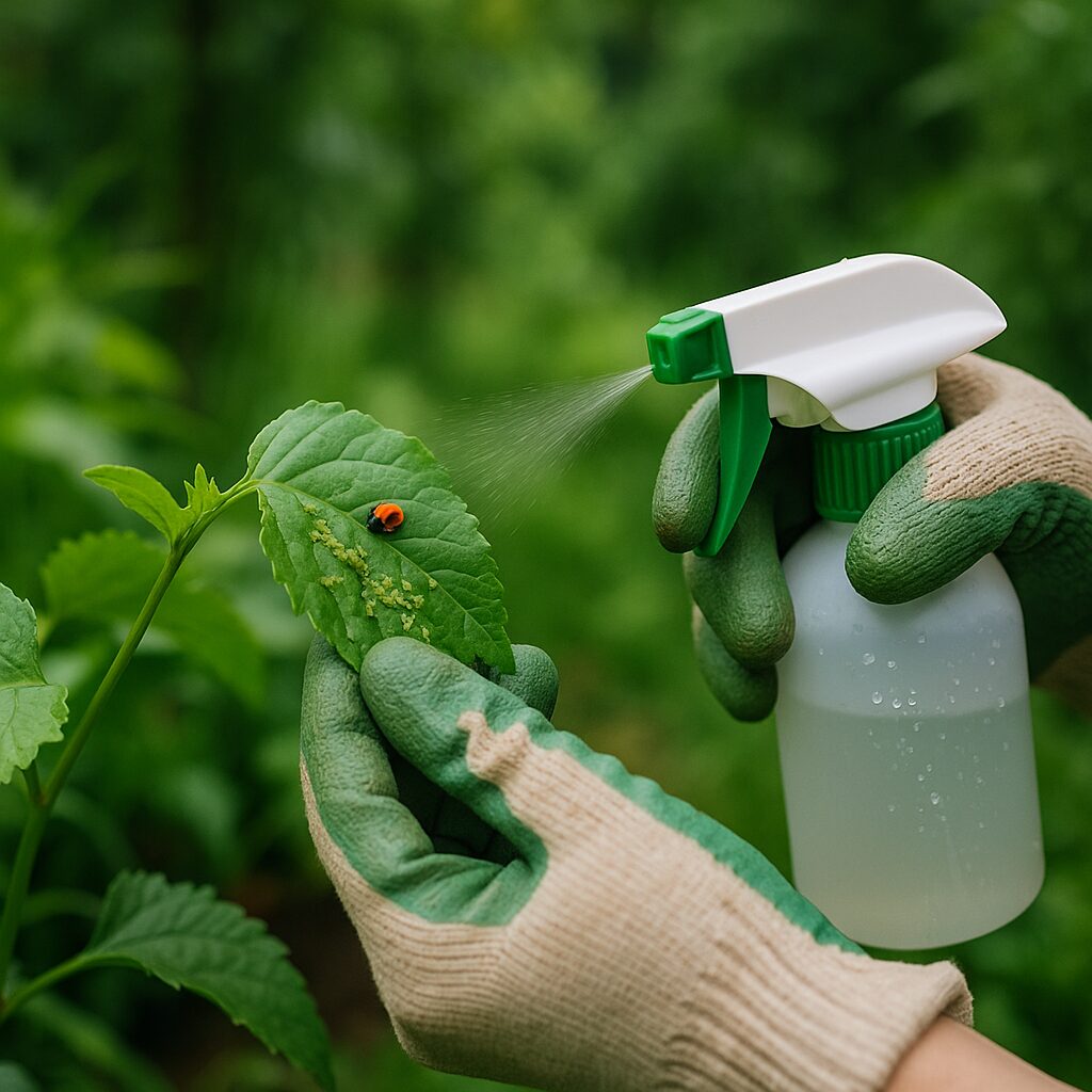 Gloved gardener spraying plant leaf with natural pest control spray near ladybug