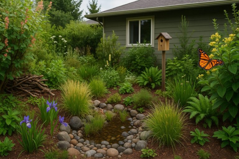 Sustainable backyard garden with native plants, a small pond, birdhouse, and a butterfly