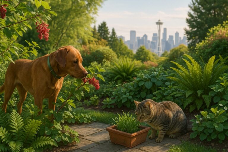 Dog and cat in lush garden with Seattle skyline and Space Needle in background