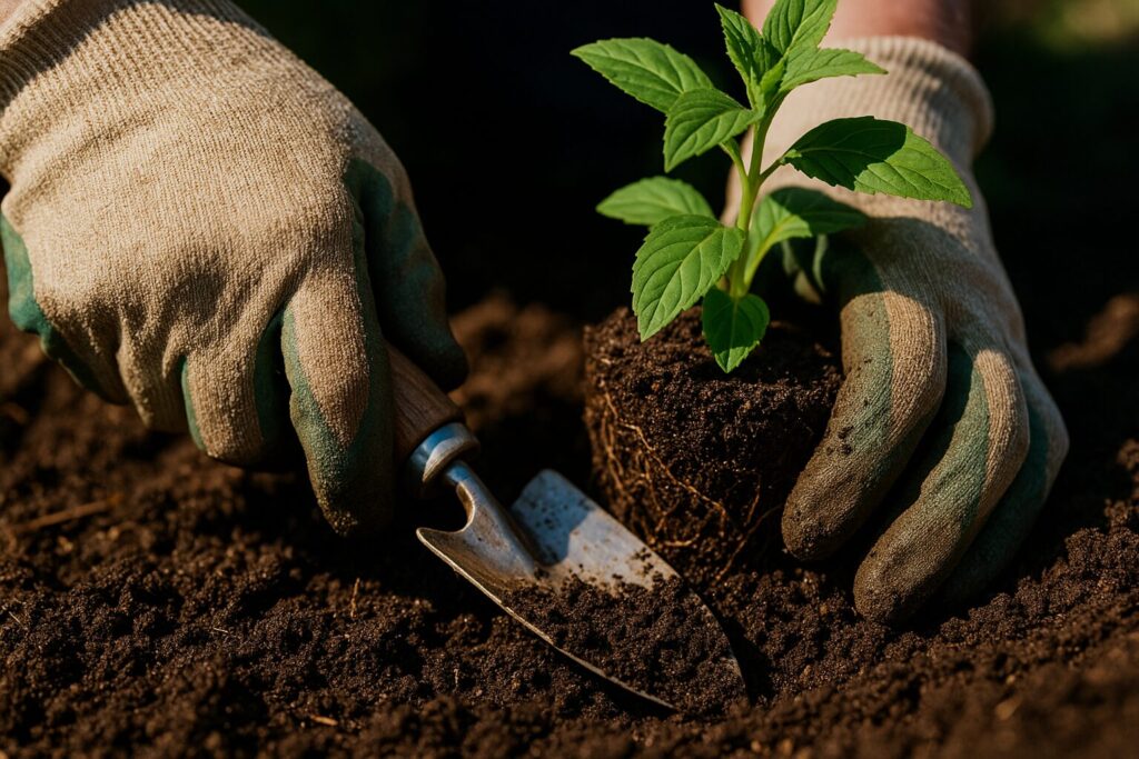 Hands wearing gloves planting a young green seedling in rich soil with a gardening trowel