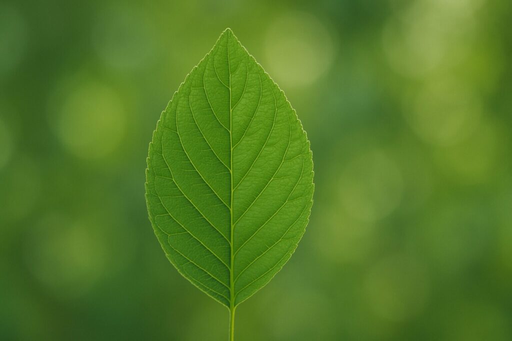Close-up of a single green leaf with detailed veins on blurred green background