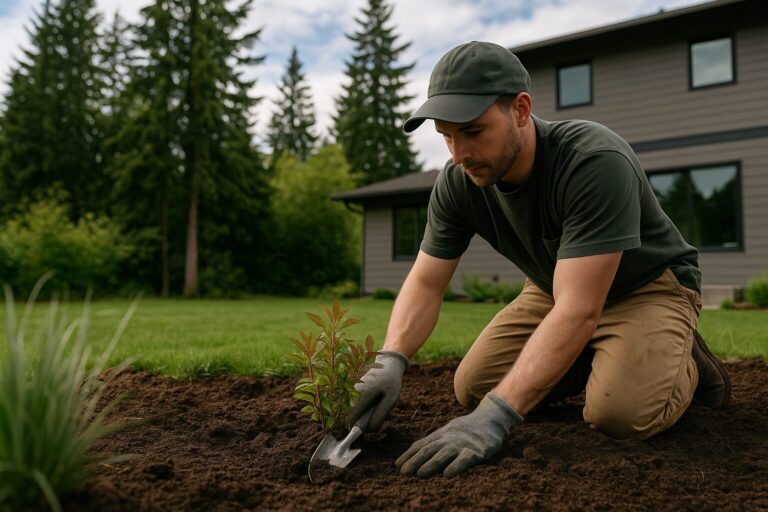 Landscaper planting young shrub in garden bed near house