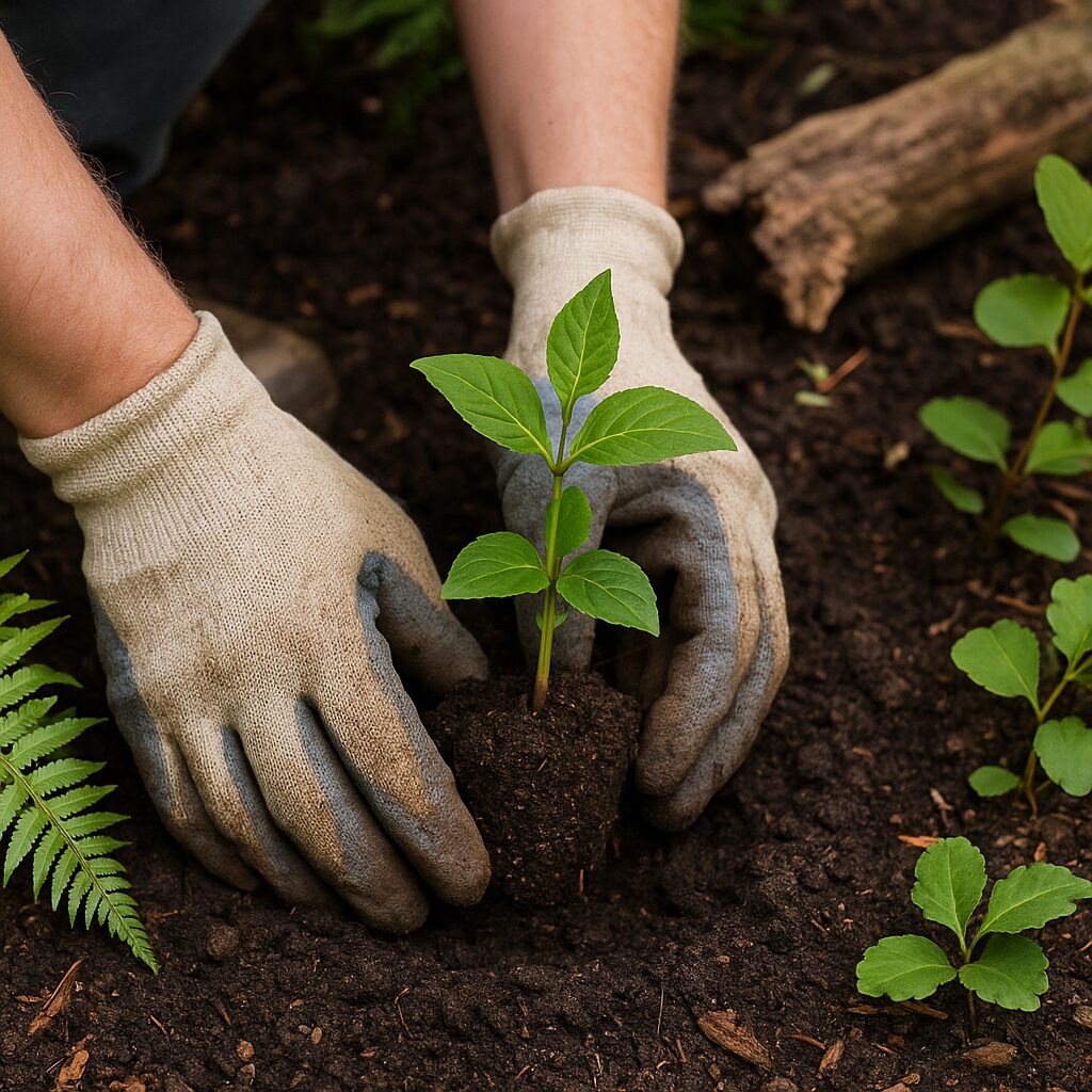 Gardener planting young green seedling in rich soil with protective gloves