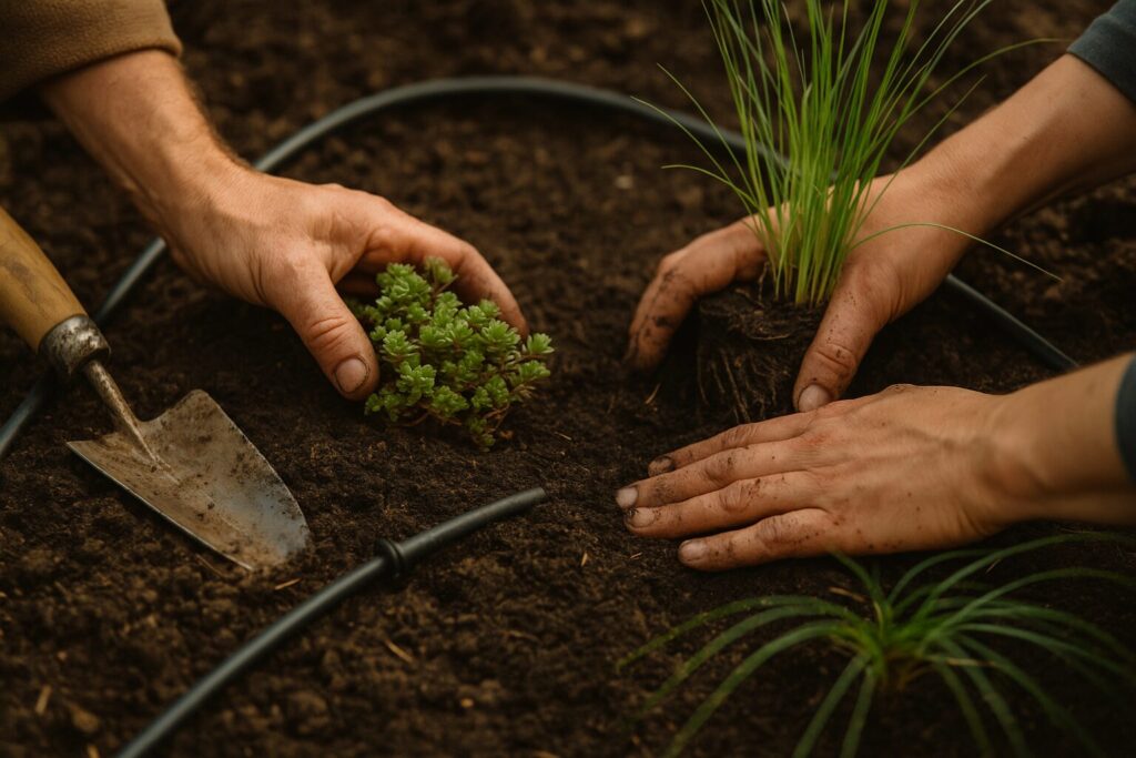 Hands planting green plants with gardening trowel and drip irrigation in soil outdoors
