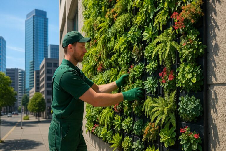 Gardener tending to a green vertical garden on a city building wall