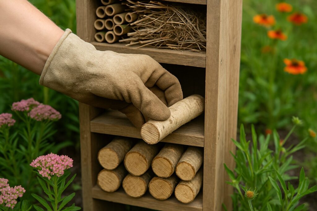 Gloved hand placing wooden sticks in insect hotel in garden with flowers