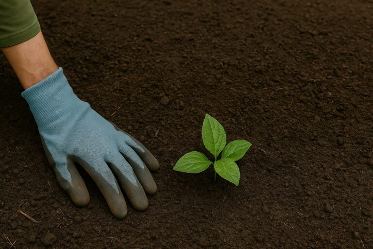 Hand in gardening glove beside small green plant in nutrient-rich soil