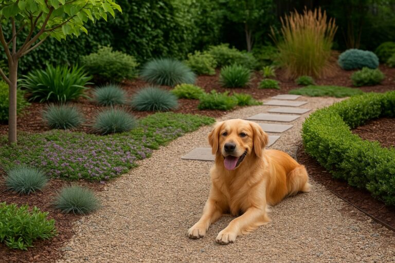 Golden retriever dog lying on gravel pathway in a lush green sustainable garden