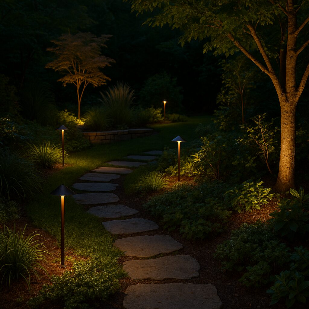 Illuminated garden pathway with stone steps and landscape lights at night