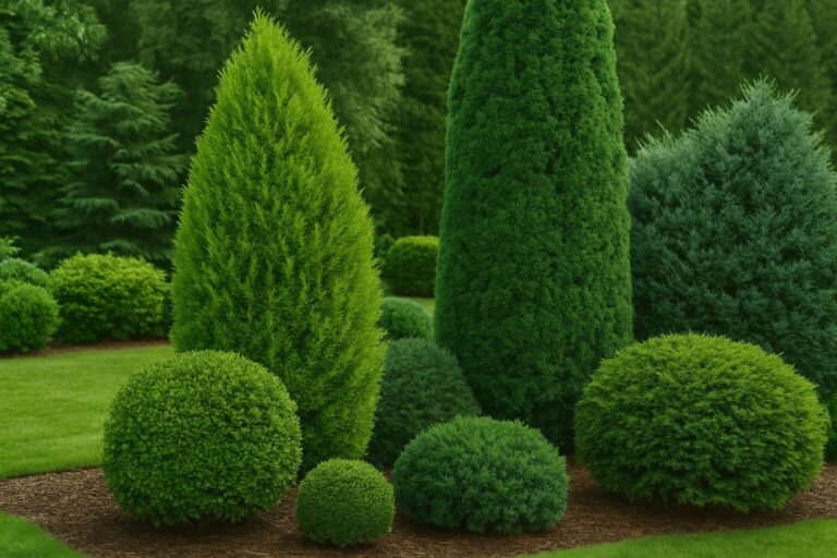 Sustainable landscaping with expertly trimmed green shrubs and evergreen trees.