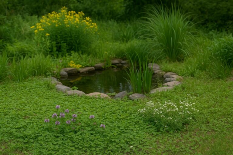 Small garden pond surrounded by lush green plants and wildflowers in a sustainable landscape