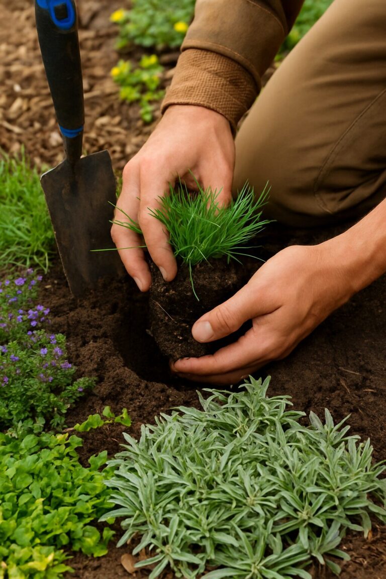 Hands planting a small green plant in garden soil with a garden trowel nearby