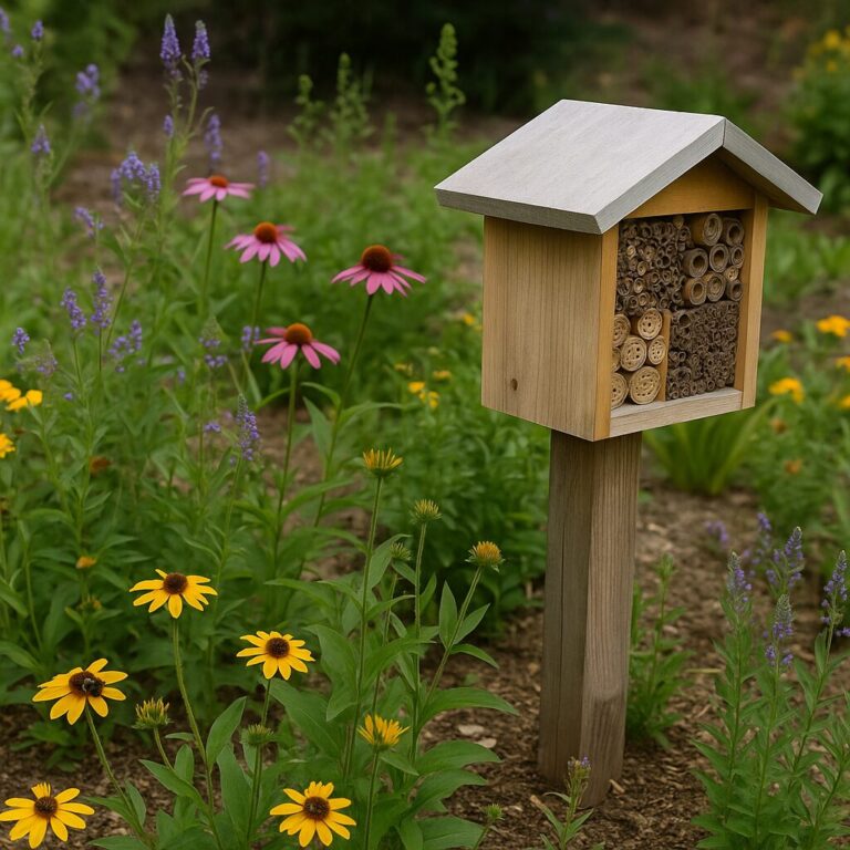 Wooden insect hotel surrounded by colorful wildflowers in sustainable garden