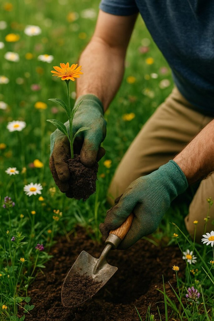 Gardener planting an orange flower in soil with a small trowel in a wildflower field