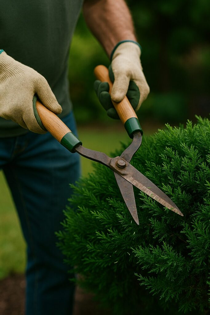Person trimming bush with garden shears wearing gloves outdoors