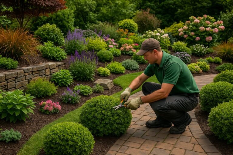 Landscaper trimming green shrub in vibrant garden with diverse plants and stone pathway
