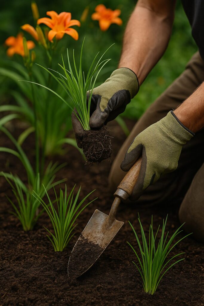 Gardener planting green ornamental grass with orange lilies in background
