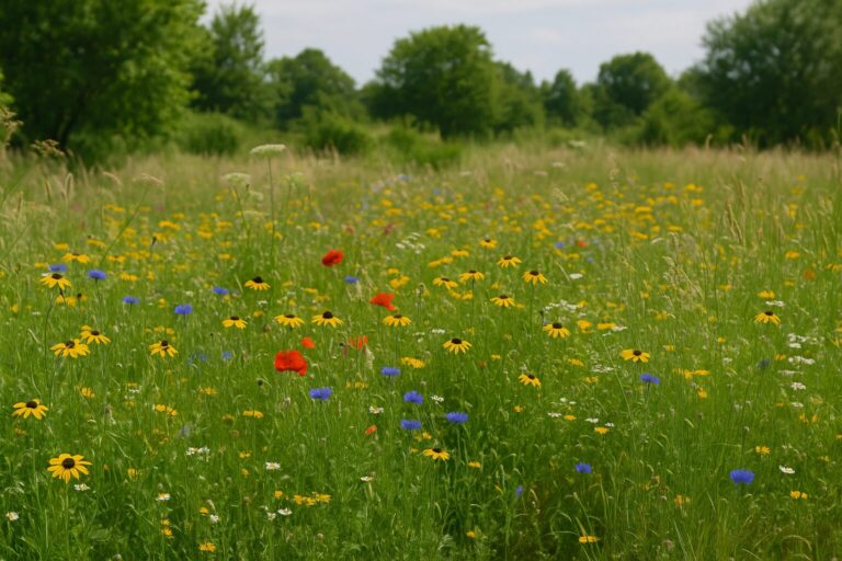 Wildflower meadow with yellow, red, blue, and white flowers surrounded by green trees