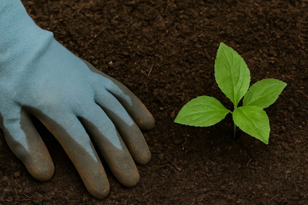 Gardening glove next to young green plant in rich soil for sustainable landscaping