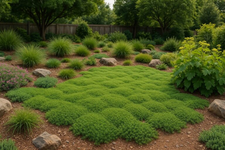 Sustainable garden with vibrant green ground cover and ornamental grasses in a backyard