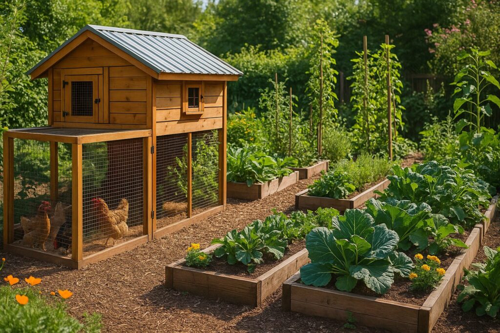 Sustainable garden with raised vegetable beds and wooden chicken coop