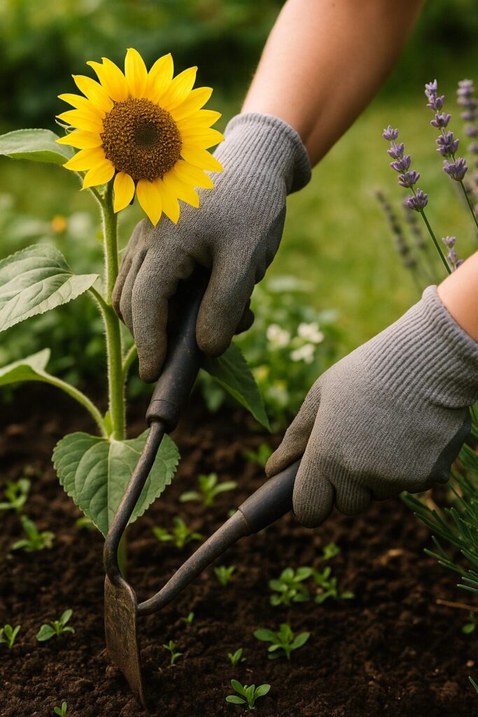 Gardener wearing gloves cultivating soil next to a blooming sunflower in a sustainable garden