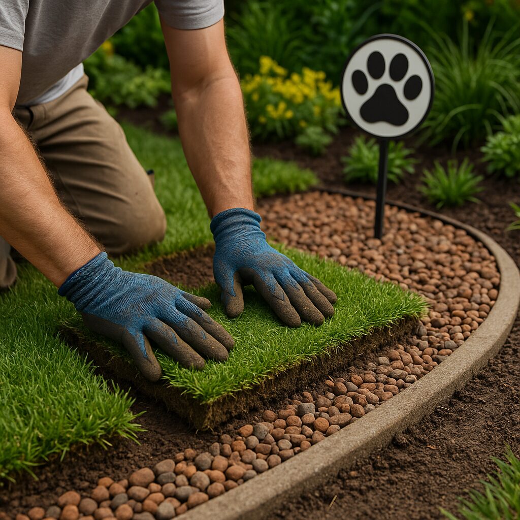 Gardener installing turf sod near a pet-friendly landscaped garden with decorative mulch and plants
