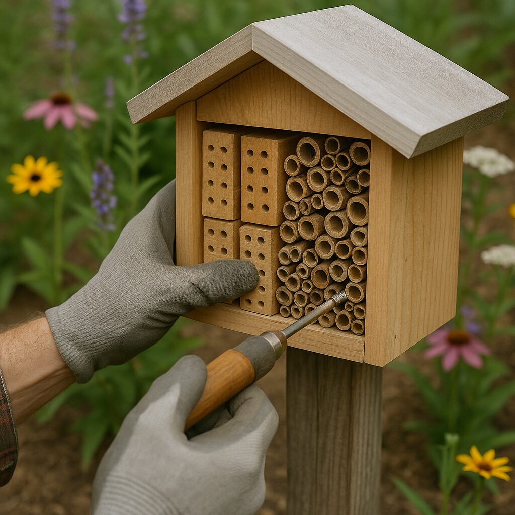 Installing a wooden bee house with natural bamboo tubes and blocks in a garden