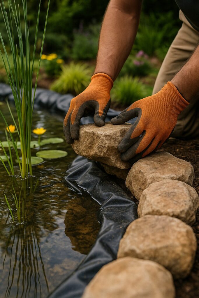Hands in orange gloves placing rocks around a garden pond with aquatic plants