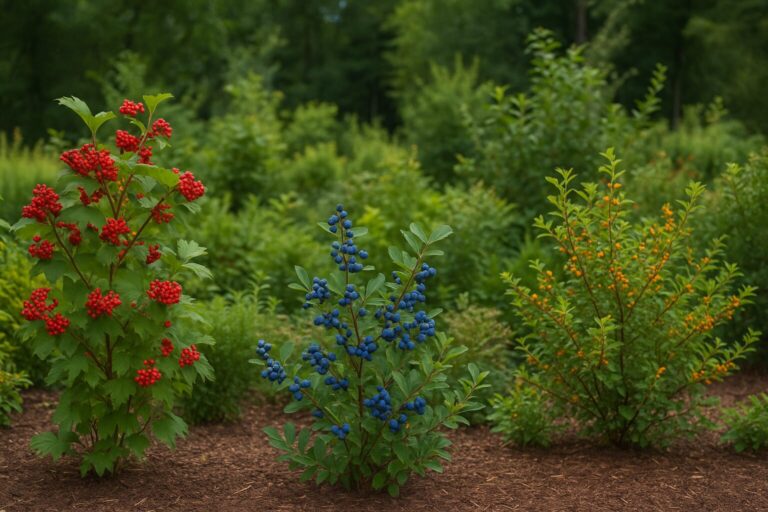 Three vibrant shrubs with red, blue, and orange berries in a sustainable garden landscape