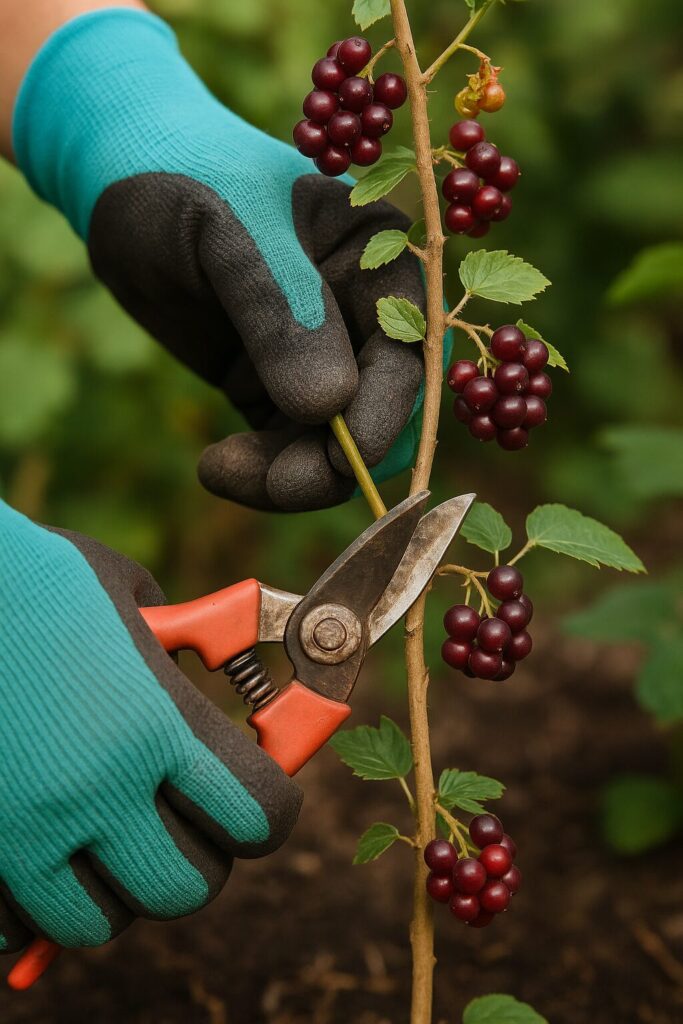 Gardener pruning red currant bush with pruning shears wearing blue gloves