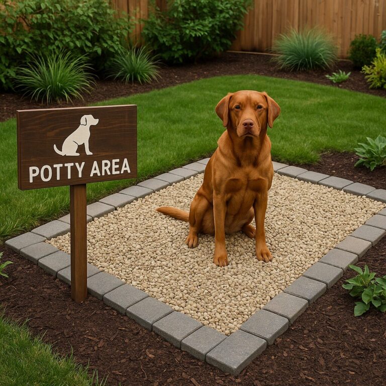 Brown dog sitting in a designated dog potty area with gravel and stone border in a landscaped backyard