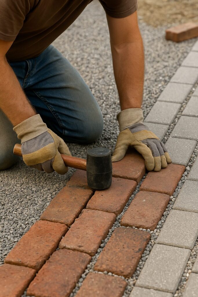Landscaper installing red brick pavers on gravel for sustainable outdoor pathway